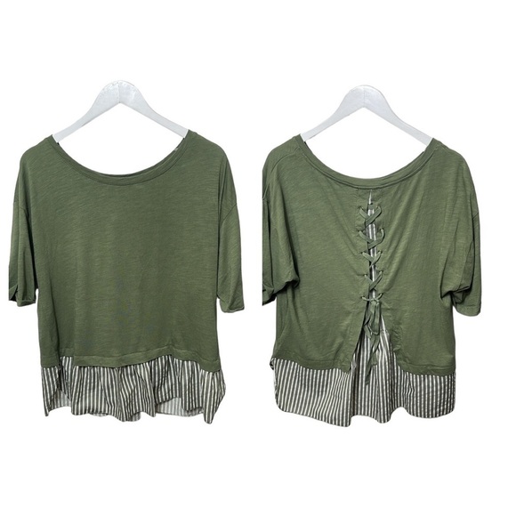NWT Sanctuary Layered Look Short Sleeve Lace Up Back Top Olive SZ XL - Picture 1 of 5